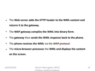 • The Web server adds the HTTP header to the WML content and
returns it to the gateway.
The WAP gateway compiles the WML into binary form.
The gateway then sends the WML response back to the phone.
The phone receives the WML via the WAP protocol.
•
•
•
• The micro-browser processes the WML and displays the content
on the screen.
10/10/2019 Vikram Neerugatti, SVCET, 22
 