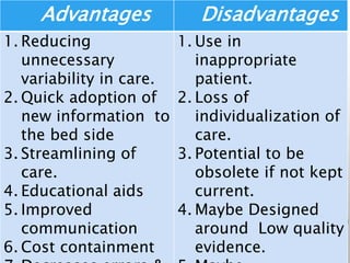 Advantages Disadvantages
1. Reducing
unnecessary
variability in care.
2. Quick adoption of
new information to
the bed side
3. Streamlining of
care.
4. Educational aids
5. Improved
communication
6. Cost containment
1. Use in
inappropriate
patient.
2. Loss of
individualization of
care.
3. Potential to be
obsolete if not kept
current.
4. Maybe Designed
around Low quality
evidence.
 