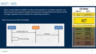 19-Dec-16
11
MQTT : QOS
QoS 0: At most once (fire and forget)
QoS is a major feature of MQTT, it makes communication in unreliable networks a lot
easier because the protocol handles retransmission and guarantees the delivery of the
message, regardless how unreliable the underlying transport is.
 