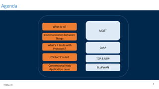 19-Dec-16
2
Agenda
What is IoT
Communication between
Things
Conventional Web
Application Layer
OSI for ‘I’ in IoT
What’s it to do with
Protocols?
TCP & UDP
MQTT
CoAP
6LoPWAN
 
