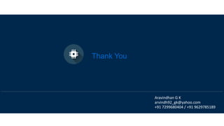 Thank You
Aravindhan G K
arvindh92_gk@yahoo.com
+91 7299680404 / +91 9629785189
 