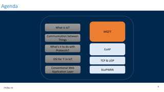 19-Dec-16
8
Agenda
What is IoT
Communication between
Things
Conventional Web
Application Layer
OSI for ‘I’ in IoT
What’s it to do with
Protocols?
TCP & UDP
MQTT
CoAP
6LoPWAN
 