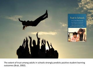 The extent of trust among adults in schools strongly predicts positive student learning
outcomes (Bryk, 2002).
 