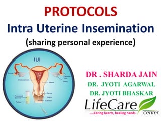 PROTOCOLS
Intra Uterine Insemination
(sharing personal experience)
DR . SHARDA JAIN
DR. JYOTI AGARWAL
DR. JYOTI BHASKAR
…..Caring hearts, healing hands
 