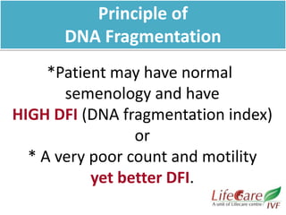 *Patient may have normal
semenology and have
HIGH DFI (DNA fragmentation index)
or
* A very poor count and motility
yet better DFI.
Principle of
DNA Fragmentation
 