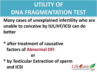 Many cases of unexplained infertility who are
unable to conceive by IUI,IVF/ICSI can do
better
* after treatment of causative
factors of Abnormal DFI
or
* by Testicular Extraction of sperm
and ICSI
UTILITY OF
DNA FRAGMENTATION TEST
 