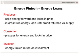 Energy Fintech – Energy Loans
Producer
- sells energy forward and locks in price
- interest-free energy loan until credit returned vs supply
Consumer
- prepays for energy and locks in price
Investor
- energy-linked return on investment
 
