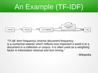 An Example (TF-IDF)



“Tf–idf, term frequency–inverse document frequency,
is a numerical statistic which reflects how important a word is to a
document in a collection or corpus. It is often used as a weighting
factor in information retrieval and text mining.”
                                                         - Wikipedia
 