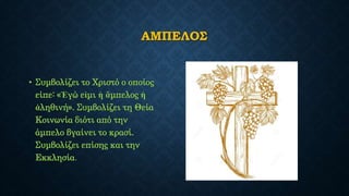ΑΜΠΕΛΟΣ
• Συμβολίζει το Χριστό ο οποίος
είπε: «Ἐγώ εἰμι ἡ ἄμπελος ἡ
ἀληθινή». Συμβολίζει τη Θεία
Κοινωνία διότι από την
άμπελο βγαίνει το κρασί.
Συμβολίζει επίσης και την
Εκκλησία.
 