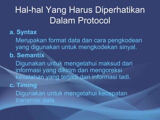 Hal-hal Yang Harus Diperhatikan
Dalam Protocol
a. Syntax
Merupakan format data dan cara pengkodean
yang digunakan untuk mengkodekan sinyal.
b. Semantix
Digunakan untuk mengetahui maksud dari
informasi yang dikirim dan mengoreksi
kesalahan yang terjadi dari informasi tadi.
c. Timing
Digunakan untuk mengetahui kecepatan
transmisi data.
 