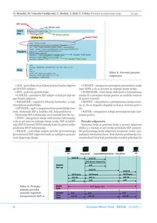 N. Biondić, M. Vukušić-Vasiljevski, L. Medak, V. Bolt, V. Vrlika: Protokol za pokretanje sesije          (3-34)




                                                                                      Slika 5. Format poruke
                                                                                      odgovora


  • ACK - potvrđuje da je klijent primio finalni odgovor      • UPDATE - omogućava promjenu parametara sesije
na INVITE zahtjev;                                         (npr. SDP), a da se pri tom ne mijenja stanje sesije;
  • BYE - pokreće prekid sesije;                              • SUBSCRIBE - traži slanje obavijesti o trenutačnom
  • CANCEL - poništava SIP zahtjev za koji još nije sti-   stanju ili o promjeni stanja poziva za različite resurse
gao finalni odgovor;                                       ili pozive u mreži;
  • REGISTER - registrira lokaciju korisnika u regi-          • NOTIFY - obavještava o promjenama stanja resur-
stracijskom poslužitelju;                                  sa, tj. da se dogodio događaj za koji je tražena potvr-
  • OPTIONS - upit o mogućnostima poslužitelja (me-        da;
tode, ekstenzije SIP-a, kodeke, itd., koje podržava).         • REFER - omogućava usluge preusmjeravanja i pri-
  Ekstenzije SIP-a definiraju nove metode kao što su:      jenosa poziva.
  • INFO - omogućava slanje mid-session informacije,
a da se pri tom ne mijenja stanje sesije. SIP za telefo-     Poruke odgovora
niju (SIP-T) koristi INFO metodu kako bi prenio enka-        Statusna linija je početna linija u poruci odgovora
psuliranu ISUP informaciju;                                (Slika 5.). Sastoji se od verzije protokola SIP, numeri-
  • PRACK - potvrđuje prijem poruke privremenoga           čki prikazanoga koda odgovora (response code) i pri-
(provisional) SIP odgovora kada se zahtijeva pouzda-       padajuće tekstualne fraze. Kod statusa predstavlja tro-
nost njegovoga slanja;                                     znamenkasti broj koji predstavlja rezultat pokušaja da




      Slika 6. Primjer
      slijeda poruka
      između logičkih
      komponenti SIP-a



8                                                                Ericsson Nikola Tesla REVIJA 18(2005) 1
 