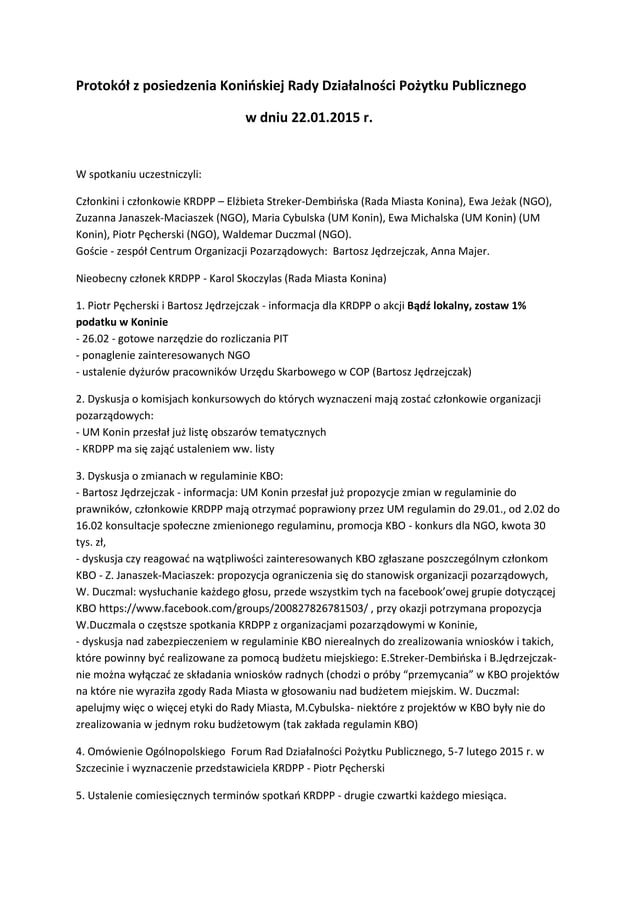 Protokół z posiedzenia Konińskiej Rady Działalności Pożytku Publicznego