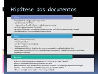Hipótese dos documentos
 Javista

 •   necessidade da salvação e promessas divinas
 •   uso do nome divino YHWH
 •   relato contínuo de estilo colorido a modo de epopéia nacional
 •   preferência pela vida pastoril e nômade
 •   enfoque religioso da origem das instituições, costumes, profissões, nomes de pessoas e lugares
 •   familiaridade com Deus mediante antropomorfismos

 Eloísta

 •   fatos como iniciativas divinas
 •   relato fragmentário
 •   uso do nome divino Elohim (Deus)
 •   aspecto anedótico
 •   estilo patético, objetivo, detalhista dos nomes e preocupado com a localização dos fatos
 •   sublinha a transcendência de Deus (mediação de anjos, dos sonhos, visões e fenômenos preternaturais)
 •   moralmente exigente

 Sacerdotal

 •   gênero histórico-legislativo, contrapõe pureza à impureza, santidade a pecado
 •   procura nos fatos históricos a origem das leis concretas
 •   termos técnicos, estilo estereotipado e monótono, abundância de genealogias e precisão cronológica
 •   nomeia a Deus conforme o nível de Aliança (Elohim, El-Schaddai, YHWH)
 •   Deus se revela por comunicações verbais e exige santidade
 