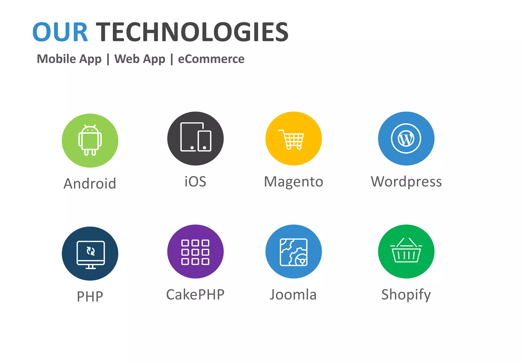 OUR TECHNOLOGIES
Mobile App | Web App | eCommerce
Android iOS Magento Wordpress
PHP CakePHP Joomla Shopify
 