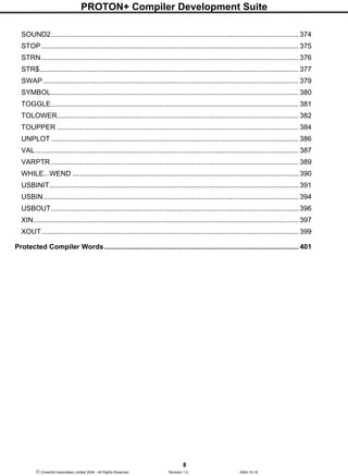 PROTON+ Compiler Development Suite
8
 Crownhill Associates Limited 2004 - All Rights Reserved Revision 1.2 2004-10-18
SOUND2.............................................................................................................................. 374
STOP................................................................................................................................... 375
STRN................................................................................................................................... 376
STR$.................................................................................................................................... 377
SWAP .................................................................................................................................. 379
SYMBOL.............................................................................................................................. 380
TOGGLE.............................................................................................................................. 381
TOLOWER........................................................................................................................... 382
TOUPPER ........................................................................................................................... 384
UNPLOT .............................................................................................................................. 386
VAL...................................................................................................................................... 387
VARPTR .............................................................................................................................. 389
WHILE...WEND ...................................................................................................................390
USBINIT............................................................................................................................... 391
USBIN.................................................................................................................................. 394
USBOUT.............................................................................................................................. 396
XIN....................................................................................................................................... 397
XOUT................................................................................................................................... 399
Protected Compiler Words................................................................................................... 401
 
