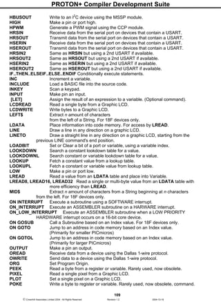 PROTON+ Compiler Development Suite
109
 Crownhill Associates Limited 2004 - All Rights Reserved Revision 1.2 2004-10-18
HBUSOUT Write to an I2
C device using the MSSP module.
HIGH Make a pin or port high.
HPWM Generate a PWM signal using the CCP module.
HRSIN Receive data from the serial port on devices that contain a USART.
HRSOUT Transmit data from the serial port on devices that contain a USART.
HSERIN Receive data from the serial port on devices that contain a USART.
HSEROUT Transmit data from the serial port on devices that contain a USART.
HRSIN2 Same as HRSIN but using a 2nd USART if available.
HRSOUT2 Same as HRSOUT but using a 2nd USART if available.
HSERIN2 Same as HSERIN but using a 2nd USART if available.
HSEROUT2 Same as HSEROUT but using a 2nd USART if available.
IF..THEN..ELSEIF..ELSE..ENDIF Conditionally execute statements.
INC Increment a variable.
INCLUDE Load a BASIC file into the source code.
INKEY Scan a keypad.
INPUT Make pin an input.
[LET] Assign the result of an expression to a variable. (Optional command).
LCDREAD Read a single byte from a Graphic LCD.
LCDWRITE Write bytes to a Graphic LCD.
LEFT$ Extract n amount of characters
from the left of a String. For 18F devices only.
LDATA Place information into code memory. For access by LREAD.
LINE Draw a line in any direction on a graphic LCD.
LINETO Draw a straight line in any direction on a graphic LCD, starting from the
previous LINE command's end position.
LOADBIT Set or Clear a bit of a port or variable, using a variable index.
LOOKDOWN Search a constant lookdown table for a value.
LOOKDOWNL Search constant or variable lookdown table for a value.
LOOKUP Fetch a constant value from a lookup table.
LOOKUPL Fetch a constant or variable value from lookup table.
LOW Make a pin or port low.
LREAD Read a value from an LDATA table and place into Variable.
LREAD8, LREAD16, LREAD32 Read a single or multi-byte value from an LDATA table with
more efficiency than LREAD.
MID$ Extract n amount of characters from a String beginning at n characters
from the left. For 18F devices only.
ON INTERRUPT Execute a subroutine using a SOFTWARE interrupt.
ON_INTERRUPT Execute an ASSEMBLER subroutine on a HARWARE interrupt.
ON_LOW_INTERRUPT Execute an ASSEMBLER subroutine when a LOW PRIORITY
HARDWARE interrupt occurs on a 16-bit core device.
ON GOSUB Call a Subroutine based on an Index value. For 18F devices only.
ON GOTO Jump to an address in code memory based on an Index value.
(Primarily for smaller PICmicros)
ON GOTOL Jump to an address in code memory based on an Index value.
(Primarily for larger PICmicros)
OUTPUT Make a pin an output.
OREAD Receive data from a device using the Dallas 1-wire protocol.
OWRITE Send data to a device using the Dallas 1-wire protocol.
ORG Set Program Origin.
PEEK Read a byte from a register or variable. Rarely used, now obsolete.
PIXEL Read a single pixel from a Graphic LCD.
PLOT Set a single pixel on a Graphic LCD.
POKE Write a byte to register or variable. Rarely used, now obsolete, command.
 