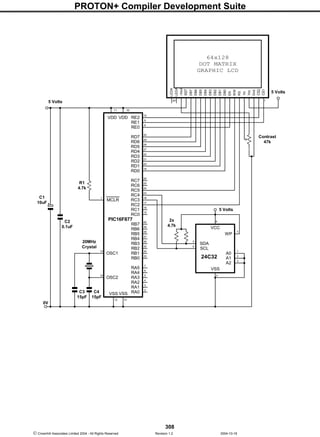 PROTON+ Compiler Development Suite
308
 Crownhill Associates Limited 2004 - All Rights Reserved Revision 1.2 2004-10-18
RB7
VDD
RB6
RB5
RB4
RB3
RB2
RB1
RB0
RA4
RA3
RA2
RA1
RA0
MCLR
OSC1
OSC2
VSS
32
PIC16F877
C4
15pF
C2
0.1uF
C1
10uF
C3
15pF
5 Volts
26
RC0
RC1
RC2
RC3
RC4
RC5
RC6
RC7
VSS
RA5
20MHz
Crystal
0V
R1
4.7k
25
24
23
18
17
16
15
40
39
38
37
36
35
34
33
7
6
5
4
3
2
3112
14
13
1
RD0
RD1
RD2
RD3
RD4
RD5
RD6
RD7
RE0
RE1
RE2VDD
11
10
9
8
30
29
28
27
22
21
20
19
5 Volts
Contrast
47k
VCC
WP
SCL
A1
A2
VSS
24C32
7
8
A0
SDA
1
2
3
4
6
5
2x
4.7k
5 Volts
64x128
DOT MATRIX
GRAPHIC LCD
DB7
DB6
DB5
DB4
DB3
DB2
DB1
DB0
EN
R/W
RS
Vo
Vcc
Gnd
CS1
CS2
RST
-Vout
120
LEDA
LEDK
 