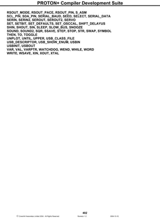 PROTON+ Compiler Development Suite
402
 Crownhill Associates Limited 2004 - All Rights Reserved Revision 1.2 2004-10-18
RSOUT_MODE, RSOUT_PACE, RSOUT_PIN, S_ASM
SCL_PIN, SDA_PIN, SERIAL_BAUD, SEED, SELECT, SERIAL_DATA
SERIN, SERIN2, SEROUT, SEROUT2, SERVO
SET, SETBIT, SET_DEFAULTS, SET_OSCCAL, SHIFT_DELAYUS
SHIN, SHOUT, SIN, SLEEP, SLOW_BUS, SNOOZE
SOUND, SOUND2, SQR, SSAVE, STEP, STOP, STR, SWAP, SYMBOL
THEN, TO, TOGGLE
UNPLOT, UNTIL, UPPER, USB_CLASS_FILE
USB_DESCRIPTOR, USB_SHOW_ENUM, USBIN
USBINIT, USBOUT
VAR, VAL, VARPTR, WATCHDOG, WEND, WHILE, WORD
WRITE, WSAVE, XIN, XOUT, XTAL
 