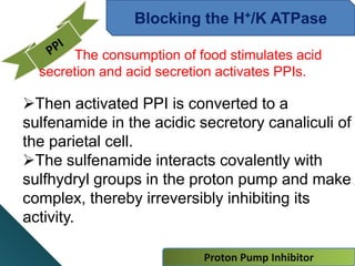 Proton Pump Inhibitor
Blocking the H+/K ATPase
The consumption of food stimulates acid
secretion and acid secretion activates PPIs.
Then activated PPI is converted to a
sulfenamide in the acidic secretory canaliculi of
the parietal cell.
The sulfenamide interacts covalently with
sulfhydryl groups in the proton pump and make
complex, thereby irreversibly inhibiting its
activity.
 