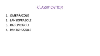 CLASSIFICATION
1. OMEPRAZOLE
2. LANSOPRAZOLE
3. RABEPROZOLE
4. PANTAPRAZOLE
 