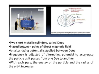 •Two short metallic cylinders, called Dees
•Placed between poles of direct magnetic field
•An alternating potential is applied between Dees
•Frequency is adjusted of alternating potential to accelerate
the particle as it passes from one Dee to another
•With each pass, the energy of the particle and the radius of
the orbit increases.
 