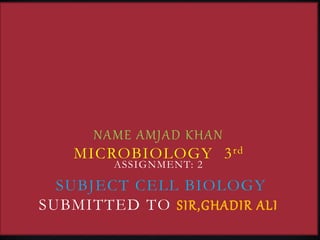 NAME AMJAD KHAN 
MICROBIOLOGY 3rd 
ASSIGNMENT: 2 
SUBJECT CELL BIOLOGY 
SUBMITTED TO SIR,GHADIR ALI 
 