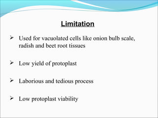 Limitation
 Used for vacuolated cells like onion bulb scale,
radish and beet root tissues
 Low yield of protoplast
 Laborious and tedious process
 Low protoplast viability
 
