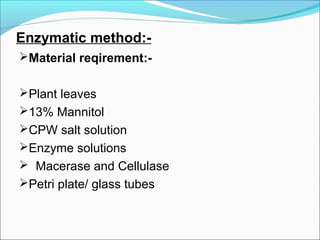 Material reqirement:-
Plant leaves
13% Mannitol
CPW salt solution
Enzyme solutions
 Macerase and Cellulase
Petri plate/ glass tubes
Enzymatic method:-
 