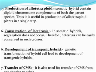 5. Production of allotetra ploid:- somatic hybrid contain
diploid chromosome complements of both the parent
species. Thus it is useful in production of allotetraploid
plants in a single step.
6. Conservation of heterosis :- In somatic hybrids,
segregation does not occur. Therefor , heterosis can be easily
conserved in such crosses.
6. Development of transgenic hybrid:- genetic
transformation of hybrid cell lead to development of
transgenic hybrids.
7. Transfer of CMS:-- it is also used for transfer of CMS from
 
