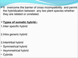 It overcome the barrier of cross incompatibility and permit
the hybridization between any two plant species whether
they are related or unrelated.
Types of somatic hybrid:-
1.Inter specific hybrid
2.Intra generic hybrid
3.Intertribal hybrid
• Symmetrical hybrid
• Asymmetrical hybrid
• Cybrids
 