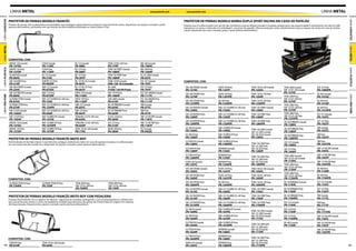 LINHA METAL                                                                                                                            www.protork.com     www.protork.com                                                                                                                       LINHA METAL




                                                                                                                                                                                                                                                                                                                                          LINHA CAPACETES
LINHA CAPACETES




                  PROTETOR DE PERNAS MODELO FRANCÊS                                                                                                                         PROTETOR DE PERNAS MODELO BARRA DUPLA SPORT RACING EM CAIXA DE PAPELÃO
                  Protetor de pernas com acabamentos arredondados, que protegem especialmente as laterais e área frontal do motor, disponíveis nas opções cromado e preto   Produto que é confeccionado com aço de alta resistência e possui design inovador e arrojado, proporciona mais esportividade a motocicleta com tela em ABS
                  (pintura eletrostática), produzido com aço tubular de alta resistência destinado as motos Street e Trail.				                                             injetada na cor preta, é oferecido em embalagem exclusiva de papelão. Oferece proteção contra colisão frontal e para as laterais do motor em caso de tomba-
                                                                                                                                                                            mento, disponível nas cores cromado, prata e preto (pintura eletrostática).				
LINHA METAL




                                                                                                                                                                                                                                                                                                                                          LINHA METAL
                  COMPATÍVEL COM:
                   APACHE-150 Cromado              FLASH Cromado                   RX-125 Cromado                  TITAN-150 04>08 Preto         XRE-300 Cromado
                   PR-157DC                        PR-115KC                        PR-58KC                         PR-77HP                       PR-150HC
LINHA PLÁSTICA




                                                                                                                                                                                                                                                                                                                                          LINHA PLÁSTICA
                   APACHE-150 Preto                FLASH Preto                     RX-125 Preto                    TITAN 150 SPORT Cromado       XRE-300 Preto
                   PR-157DP                        PR-115KP                        PR-58KP                         PR-108HC                      PR-150HP
                   CB-400/450 Cromado              GF-125 Cromado                  RD-125 Preto                    TITAN 150 SPORT Preto         XT-225 2000 Cromado
                   PR-06HC                         PR-51KC                         PR-29YP                         PR-108HP                      PR-63YC
                   CBX-150 AERO Preto              HUNTER-125 Preto                RD-135 90>95 Cromado            TITAN-150 09 Cromado          XTZ-125 Cromado            COMPATÍVEL COM:
                   PR-21HP                         PR-90SDP                        PR-66YC                         FAN-150 10 Cromado            PR-70YC
                   CBX-200 STRADA Cromado          MAX-125 Cromado                 RD-135 90>95 Preto              PR-146HC                      XTZ-125 Preto               CBX-200 STRADA Cromado           FAZER-250 Preto                 TITAN-150 05>08 Cromado         TITAN-2000 Cromado               XLR-125 Prata
                   PR-22HC                         PR-87SDC                        PR-66YP                         TITAN-150 09 Preto            PR-70YP                     PR-127HC                         PR-129YP                        PR-135HC                        FAN-125 05>08 Cromado            PR-140HPR
                   CBX-250 TWISTER Cromado         MAX-125 Preto                   SPEED-150 Cromado               FAN-150 10 Preto              XTZ-250 LANDER Cromado                                                                                                       PR-137HC
                                                                                                                                                                             CBX-200 STRADA Preto             FAZER-250 Prata                 TITAN-150 05>08 Preto                                            XR-200 Cromado
                   PR-60HC                         PR-87SDP                        PR-114DC                        PR-146HP                      PR-111YC
LINHA PRO TORK




                                                                                                                                                                                                                                                                                                                                          LINHA PRO TORK
                                                                                                                                                                             PR-127HP                         PR-129YPR                       PR-135HP                        TITAN-2000 Preto                 PR-141HC
                   CG/TODAY/TITAN Cromado          NXR-125/150 BROS 05>08 Crom.    SPEED-150 Preto                 TIAN-2000 Cromado             XTZ-250 LANDER Preto                                                                                                         FAN-125 05>08 Preto
                   PR-07HC                         PR-72HC                         PR-114DP                        PR-41HC                       PR-111YP                    CBX-200 STRADA Prata             NX-200 Prata                    TITAN-150 05>08 Prata           PR-137HP                         XR-200 Preto
                                                                                                                                                                             PR-127HPR                        PR-132HPR                       PR-135HPR                                                        PR-141HP
                   CG/TODAY/TITAN Preto            NXR-125/150 BROS 05>08 Prata    TDM-225 Cromado                 XR-250 TORNADO Cromado        YBR Cromado                                                                                                                  TITAN-2000 Preto
                   PR-07HP                         PR-72HPR                        PR-64YC                         PR-65HC                       PR-47YC                     CBX-250 TWISTER Cromado          NXR-125/150 BROS 05>08 Crom.    TITAN-150 SPORT Cromado         FAN-125 05>08 Preto              XR-200 Prata
                   FAN-125 09 Cromado              NXR-125/150 BROS 05>08 Preto    TDM-225 Preto                   XR-250 TORNADO Preto          YBR Preto                   PR-139HC                         PR-133HC                        PR-136HC                        PR-137HP                         PR-141HPR
                   PR-145HC                        PR-92HP                         PR-64YP                         PR-65HP                       PR-47YP                     CBX-250 TWISTER Preto            NXR-125/150 BROS 05>08 Preto    TITAN-150 SPORT Preto           TITAN-2000 Prata                 XTZ-125 Cromado
                   FAN-125 09 Preto                NXR-150 BROS 09 Cromado         TITAN/FAN-125 05>08 Crom.       XL/XLX-250 Preto              YBR-125 FACTOR Cromado      PR-139HP                         PR-133HP                        PR-136HP                        FAN-125 05>08 Prata              PR-142YC
                   PR-145HP                        PR-147HC                        PR-83HC                         PR-36HP                       PR-118YC                                                                                                                     PR-137HPR
                                                                                                                                                                             CBX-250 TWISTER Prata            NXR-125/150 BROS 05>08 Prata    TITAN-150 SPORT Prata           XR-250 TORNADO Cromado           XTZ-125 Preto
                   APACHE-150 Cromado              NXR-150 BROS 09 Prata           TITAN/FAN-125 05>08 Preto       XLR-125 Preto                 YBR-125 FACTOR Preto        PR-139HPR                        PR-133HPR                       PR-136HPR                                                        PR-142YP
                   PR-157DC                        PR-147HPR                       PR-83HP                         PR-31HP                       PR-118YP                                                                                                                     PR-138HC
                   APACHE-150 Preto                NXR-150 BROS 09 Preto           TITAN-150 04>08 Cromado         XR/NX-200 Preto               YES Cromado                 CB-300 R Cromado                 NXR-150 BROS 09 Cromado                                          XR-250 TORNADO Preto            YBR Cromado
                                                                                                                                                                             PR-156HC                         PR-149HC                        TITAN-150 2009 Cromado                                           PR-143YC
                   PR-157DP                        PR-147HP                        PR-77HC                         PR-38HP                       PR-94SZC                                                                                     FAN-125 2009 Cromado             PR-138HP
                                                                                                                                                                             CB-300 R Preto                   NXR-150 BROS 09 Preto           FAN-150 2010 Cromado             XR-250 TORNADO Prata            YBR Preto
                                                                                                                                                                             PR-156HP                         PR-149HP                        PR-126HC                         PR-138HPR                       PR-143YP
                  PROTETOR DE PERNAS MODELO FRANCÊS MOTO BOY
                  Desenvolvido em formato menor e mais discreto, protege as laterais do motor em caso de quedas e tombos, é confeccionado                                    CG/TITAN 99 Cromado              NXR-150 BROS 09 Prata                                            XLR-125 Cromado                 YBR Prata
                  em aço tubular de alta resistência e disponível nas opções cromado e preto (pintura eletrostática).			                                                     PR-128HC                         PR-149HPR                       TITAN-150 2009 Preto                                             PR-143YPR
                                                                                                                                                                                                                                              FAN-125 2009 Preto               PR-140HC
                  	
                                                                                                                                                                             CG/TITAN 99 Preto                INTRUDER Cromado                FAN-150 2010 Preto               XLR-125 Preto                   YBR-125 FACTOR Cromado
                                                                                                                                                                             PR-128HP                         PR-134SC                        PR-126HP                         PR-140HP                        PR-144YC
                                                                                                                                                                             CG-TITAN 99 Prata                INTRUDER Preto                                                   TITAN-2000 Cromado              YBR-125 FACTOR Preto
                                                                                                                                                                             PR-128HPR                        PR-134SP                        TITAN-150 2009 Preto                                             PR-144YP
                                                                                                                                                                                                                                              FAN-125 2009 Preto               FAN-125 05>08 Cromado
                                                                                                                                                                             FAZER-250 Cromado                INTRUDER Prata                  FAN-150 2010 Preto               PR-172HC                        YBR-125 FACTOR Prata
                                                                                                                                                                             PR-129YC                         PR-134SPR                       PR-126HPR                        TITAN-2000 Preto                PR-144YPR
                                                                                                                                                                                                                                                                               FAN-125 05>08 Preto
                                                                                                                                                                             CBX-200 STRADA Cromado           FAZER-250 Preto                 TITAN-150 05>08 Cromado          PR-172HP                        XR-200 Preto
                                                                                                                                                                             PR-160HC                         PR-164YP                        PR-169HC                                                         PR-175HP
                                                                                                                                                                                                                                                                               TITAN-2000 Prata
                                                                                                                                                                             CBX-200 STRADA Preto             FAZER-250 Prata                 TITAN-150 05>08 Preto            FAN-125 05>08 Prata             XR-200 Prata
                  COMPATÍVEL COM:                                                                                                                                            PR-160HP                         PR-164YPR                       PR-169HP                         PR-172HPR                       PR-175HPR

                  CG/TODAY/TITAN 99 Prata          CG/TODAY/TITAN 99 Preto         TITAN 2000 Prata                 TITAN 2000 Preto                                         CBX-200 STRADA Prata             NX-200 Prata                    TITAN-150 05>08 Prata            XR-250 TORNADO Cromado          XTZ-125 Cromado
                  PR-73HPR                         PR-73HP                         FAN-125 05>08 Prata              FAN-125 05>08 Preto                                      PR-160HPR                        PR-165HPR                       PR-169HPR                        PR-173HC                        PR-176YC
                                                                                   PR-74HPR                         PR-74HP                                                  CBX-250 TWISTER Cromado          NXR-125/150 BROS 05>08 Crom.    TITAN-150 SPORT Cromado          XR-250 TORNADO Preto            XTZ-125 Preto
                                                                                                                                                                             PR-161HC                         PR-166HC                        PR-170HC                         PR-176HP                        PR-176YP
                  PROTETOR DE PERNAS MODELO FRANCÊS MOTO BOY COM PEDALEIRA                                                                                                   CBX-250 TWISTER Preto            NXR-125/150 BROS 05>08 Preto    TITAN-150 SPORT Preto            XR-250 TORNADO Prata            YBR Cromado
                  Produto desenvolvido com o objetivo de oferecer segurança ao condutor, protegendo-o por eventual queda ou colisões fron-                                   PR-161HP                         PR-166HP                        PR-170HP                         PR-176HPR                       PR-177YC
                  tais, possui formato menor e conta com pedaleiras retráteis para descanso das pernas do motociclista em viagens em rodovias                                CBX-250 TWISTER Prata            NXR-125/150 BROS 05>08 Prata    TITAN-150 SPORT Prata            XLR-125 Cromado                 YBR Preto
                  de longa duração. Disponível nas opções cromado e preto (pintura eletrostática).				                                                                       PR-161HPR                        PR-166HPR                       PR-170HPR                        PR-174HC                        PR-177YP
                                                                                                                                                                             CB-300 R Cromado                 NXR-150 BROS 09 Cromado                                          XLR-125 Preto                   YBR Prata
                                                                                                                                                                             PR-162HC                         PR-167HC                        TITAN-150 2009 Cromado           PR-174HP                        PR-177YPR
                                                                                                                                                                                                                                              FAN-125 2009 Cromado
                                                                                                                                                                             CB-300 R Preto                   NXR-150 BROS 09 Preto           FAN-150 2010 Cromado             XLR-125 Prata                   YBR-125 FACTOR Cromado
                                                                                                                                                                             PR-162HP                         PR-167HP                        PR-171HC                         PR-174HPR                       PR-178YC
                                                                                                                                                                             CG/TITAN 99 Cromado              NXR-150 BROS 09 Prata                                            XR-200 Cromado                  YBR-125 FACTOR Preto
                                                                                                                                                                             PR-162HC                         PR-167HPR                       TITAN-150 2009 preto             PR-175HC                        PR-178YP
                                                                                                                                                                                                                                              FAN-125 2009 preto
                                                                                                                                                                             CG/TITAN 99 Preto                INTRUDER Cromado                FAN-150 2010 preto                                               YBR-125 FACTOR Prata
                                                                                                                                                                             PR-162HP                         PR-168SC                        PR-171HP                                                         PR-178YPR
                                                                                                                                                                             CG-TITAN 99 Prata                INTRUDER Preto
                  COMPATÍVEL COM:                                                                                                                                            PR-162HPR                        PR-168SP                        TITAN-150 2009 Prata
                                                                                                                                                                                                                                              FAN-125 2009 Prata
       TITAN 99 Preto                              TITAN 150 05>08 Cromado                                                                                                   FAZER-250 Cromado                INTRUDER Prata                  FAN-150 2010 Prata
    42 PR-91HP                                     PR-93HC                                                                                                                   PR-164YC                         PR-168SPR                       PR-171HPR                                                                                   43
 