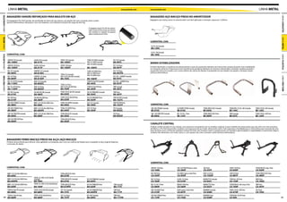 LINHA METAL                                                                                                                                              www.protork.com   www.protork.com                                                                                                                          LINHA METAL

                  BAGAGEIRO SANSÃO REFORÇADO PARA BAULETO EM AÇO                                                                                                                              BAGAGEIRO AÇO MACIÇO PRESO NO AMORTCEDOR




                                                                                                                                                                                                                                                                                                                                                                   LINHA CAPACETES
LINHA CAPACETES




                  Os bagageiros Pro Tork Sansão, são produzido em barra de aço maciço, nas opções de cores cromado, preto e prata                                                             Bagageiro aço maciço preso no amortecedor com facil aplicação e remoção, espessura 12,00mm
                  (pintura eletrostática). Ideal para o uso com bauletos, com tolerância máxima de carga de até 6 Kg.

                                                                                                                        Os bagageiros maciços Pro Tork são confeccio-
                                                                                                                        nados em barra de ferro maciço, que oferecem
                                                                                                                        mais resistência no transporte de pequenos
                                                                                                                        objetos e bauletos de até 45 litros.
LINHA METAL




                                                                                                                                                                                                                                                                                                                                                                   LINHA METAL
                                                                                                                                                                                              COMPATÍVEL COM:

                                                                                                                                                                                              CG 78 / 82 Cromada
                                                                                                                                                                                              BA-12HC
                                                                                                                                                                                              CG 83 / 90 Cromada
                  COMPATÍVEL COM:                                                                                                                                                             BA-19HC
LINHA PLÁSTICA




                                                                                                                                                                                                                                                                                                                                                                   LINHA PLÁSTICA
                   APACHE 150 Cromada              FAZER 250 Cromado                    SPEED 150 Cromado             TITAN 150 2009 Cromado                     XTZ 125 Cromado
                   BA-109DC                        BA-91YC                              BA-100DC                      FAN 125 2009 Cromado                       BA-90YC                      BARRA ESTABILIZADORA
                                                                                                                      FAN 150 2009 Cromado
                   APACHE 150 Preta                FAZER 250 Preto                      SPEED 150 Preto                                                          XTZ 125 Preto
                   BA-109DP                        BA-91YP                              BA-100DP                      BA-106HC                                   BA-90YP                      Produto destinado a coordenar simultaneamente a ação da suspensão dianteira da motocicleta, proporcionando mais estabilidade
                                                                                                                                                                                              em situações adversas. Proporciona mais resistência ao paralama dianteiro em terrenos esburacados, evitando a quebra quando a
                   BIZ 125 Cromada                 HUNTER 125 Cromada                                                 TITAN 150 2009 Preto                       XTZ 125 Prata                suspensão entra em contato com a mesa inferior da coluna de direção. É produzido em aço tubular nas opções, cromado e preto
                   BA-86HC                         BA-81SDC                                                           FAN 125 2009 Preto                         BA-90YPR                     (pintura eletrostática).
                                                                                        TITAN 125 Cromado             FAN 150 2009 Preto
                   BIZ 125 Preta                   HUNTER 125 Preto                     FAN 125 05 Até 08t Cromado                                               XTZ 250 - LANDER Cromado
LINHA PRO TORK




                                                                                                                                                                                                                                                                                                                                                                   LINHA PRO TORK
                   BA-86HP                         BA-81SDP                             BA-75HC                       BA-106HP                                   BA-95YC
                   BIZ 125 2010 Cromada            MAX 125 Cromada                                                    TITAN 95 Até 99 Cromado                    XTZ 250 - LANDER Preto
                   BA-110HC                        BA-80SDC                                                           BA-44HC                                    BA-95YP
                                                                                        TITAN 125 Preto
                   BIZ 125 2010 Preta              MAX 125 Preto                        FAN 125 05 Até 08 Preto       TITAN 95 Até 99 Preto                      YBR Cromado
                   BA-110HP                        BA-80SDP                             BA-75HP                       BA-44HP                                    BA-46YC
                   BIZ 100 Cromada                 NX 400 FALCON Cromado                TITAN 150 05 Até 08 Cromado   XR 250 TORNADO Cromado                     YBR Preto
                   BA-61HC                         BA-48HC                              BA-63HC                       BA-92HC                                    BA-46YP
                   BIZ 100 Preta                   NX 400 FALCON Preto                  TITAN 150 05 Até 08 Preto     XR 250 TORNADO Preto                       YBR FACTOR Cromado
                   BA-61HP                         BA-48HP                              BA-63HP                       BA-92HP                                    BA-102YC
                   CBX 200 STRADA Cromada          BROS 125/150 Até 2008 Crom.          TITAN 150 SPORT Cromado       XLR 125 Cromado                            YBR FACTOR Preto
                   BA-98HC                         BA-58HC                              BA-94HC                       BA-54HC                                    BA-102YP                     COMPATÍVEL COM:
                   CBX 200 STRADA Preta            BROS 125/150 Até 2008 Prata          TITAN 150 SPORT Preto         XLR 125 Preto                              YES Cromado                  CBX 200 STRADA Cromada           CG/TODAY/TITAN Cromada           TITAN 2000 ES/KS Cromada         TITAN/FAN 125 05>08 Cromada      TITAN 150 05>08 Cromada
                   BA-98HP                         BA-58HPR                             BA-94HP                       BA-54HP                                    BA-89SZC                     BE-07HC                          BE-01HC                          BE-05HC                          BE-14HC                          BE-13HC
                   CBX 250 TWISTER Cromada         BROS 125/150 Até 2008 Preto          TITAN 200 KS/ES Cromado                                                  YES Preto                    CBX -250 TWISTER Cromada         RD-135 95> Preta                 TITAN 2000 ES/KS Preta           YBR Cromada                      TITAN 150 05>08 Preta
                   BA-60HC                         BA-58HP                              BA-45HC                                                                  BA-89SZP                     BE-09HC                          BE-12YP                          BE-06HP                          BE-03YC                          BE-13HP
                   CBX 250 TWISTER Preta                                                TITAN 200 KS/ES Preto
                   BA-60HP                                                              BA-45HP
                                                                                                                                                                                              CAVALETE CENTRAL
                                                                                                                                                                                              Produto confeccionado em aço tubular, com espessura compatível com os modelos originais. E para modelos de motocicletas que não vêm com este acessório,
                                                                                                                                                                                              de fábrica, a Pro Tork desenvolve cavaletes com espessura de aço maior, oferecendo assim, mais segurança e facilidade para o motociclista que necessita de uma
                                                                                                                                                                                              base de apoio extra. A linha de cavaletes centrais Pro Tork, são cortados a laser e proporcionam ao mecânico ágil instalação e originalidade a motocicleta. Alguns
                                                                                                                                                                                              modelos são oferecidos com mola e pino, e, com opções nas cores cromado e preto (pintura eletrostática).


                  BAGAGEIRO FERRO MACIÇO PRESO NA ALÇA (AÇO MACIÇO)
                  Produto desenvolvido para oferecer mais agilidade na instalação, pois, com seu sistema de fixação que é acoplado na alça original dispensa
                  a remoção da rabeta.




                                                                                                                                                                                              COMPATÍVEL COM:

                  COMPATÍVEL COM:                                                                                                                                                             APACHE 150 Preto                 CBX 250 TWISTER pino e mola      JOG Preto                        SPEED 150 Preto                  TITAN/FAN 09 comp. Preto
                                                                                                                                                                                              CA-100D                          CA-50HP                          CA-54YP                          CA-84DP                          CA-92HP
                  BROS 125/150 Até 2008 Crom.                                           TITAN 200 KS/ES Preto                                                                                 BIZ 100 Preto                    CB-300R c/pino e mola Preto      MAX 125 Preto                    STAR 50 Preto                    TITAN 2000 ES/KS Preto
                  BA-64HC                                                               BA-67HP                                                                                               CA-55HP                          CA-95HP                          CA-73SDP                         CA-88TP                          CA-48HP
                                                   TITAN 125, FAN 125 05 Até 08
                  BROS 125/150 Até 2008 Prata      Cromado                              TITAN 200 KS/ES Cromado       XR 250 TORNADO Cromado                                                  BIZ 125 Preto                    CG/ML 125 Preto                  MOBILETTE Cromado                TITAN 96>99 Preto                WEB Preto
                  BA-64HPR                         BA-76HC                              BA-67HC                       BA-65HC                                                                 CA-76HP                          CA-01HP                          CA-03CC                          CA-13HP                          CA-78SD
                  BROS 125/150 Até 2008 Preto      TITAN 125, FAN 125 05 Até 08 Preto   TITAN 200 KS/ES Prata         XR 250 TORNADO Preto                        YBR Cromado                 BIZ 125 2011 Preto               DREAN 100 Preto                  MOBILETTE Preto                  TITAN/FAN 05>08 comp. Preto      YBR Preto
                  BA-64HP                          BA-76HP                              BA-67HPR                      BA-65HP                                     BA-71YC                     CA-98HP                          CA-56HP                          CA-03CP                          CA-70HP                          CA-49YP
                  TITAN 95 Até 99 Cromado          TITAN 150 05 Até 08 Cromado          XTZ 125 Cromado               XR 250 TORNADO Prata                        YBR Preto                   CBX 150 AERO Preto               FAZR c/pino e mola Preto         MONARK Cromado                   TITAN 150 05>08 Preto            YES Preto
                  BA-66HC                          BA-68HC                              BA-73YC                       BA-65HPR                                    BA-71YP                     CA-57HP                          CA-82YP                          CA-02MC                          CA-67HP                          CA-79SZ
       TITAN 95 Até 99 Preto                       TITAN 150 05 Até 08 Preto            XTZ 125 Preto                 BIZ 100 Cromado                             YBR Prata                   CBX 200 STRADA Preto             HUNTER 125 Preto                 MONARK Preto                     TITAN/FAN 150 09 Preto
    24 BA-66HP                                     BA-68HP                              BA-73YP                       BA-69HC                                     BA-71YPR                    CA-17HP                          CA-74SD                          CA-02MP                          CA-90H                                                            25
 