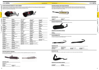 LINHA METAL                                                                                                                              www.protork.com   www.protork.com                                                                                                            LINHA METAL

                  ESCAPE ESPORTIVO MODELO V-3 EM ALUMÍNIO                                                                                                                     PONTEIRA MODELO PRO TORK ESPORTIVA




                                                                                                                                                                                                                                                                                                                       LINHA CAPACETES
LINHA CAPACETES




                  Os escapamentos V-3 Pro Tork proporcionam inovação no visual com o seu bocal “chanfrado” em ABS com resina de carbono, que é altamente resistente em        Ponteira Pro Tork compatível para os modelos DT 180 e 200, são confeccionados com materiais nobres que proporcionam
                  temperatura elevadas, seu formato é hexagonal e seu peso é reduzido. Proporciona ganho de potência de 5 a 12%, de acordo com os ajustes realizados na       maior torque em baixas rotações e melhores retomadas de velocidade e marcha, possui ronco grave e típico da motoriza-
                  motocicleta, maior torque em baixas rotações e melhores retomadas de velocidade e marcha.                                                                   ção 2 T. Não recomendado para uso em cidades e estradas, apenas para a prática de off-road devido à excessiva emissão de
                  Disponível nas opções alumínio polido e preto.		                                                                                                            ruído. Disponível nas opções alumínio escovado.
LINHA METAL




                                                                                                                                                                                                                                                                                                                       LINHA METAL
                                                                                                                                                                              COMPATÍVEL COM:
                  COMPATÍVEL COM:
                                                                                                                                                                              DT-200 Cromada                   DT-200 Cromada
LINHA PLÁSTICA




                                                                                                                                                                                                                                                                                                                       LINHA PLÁSTICA
                  APACHE-150                      FAZER-250                      TITAN-150 09 KS-ES                                                                           PO-50Y                           PO-50Y
                  ES-524D                         ES-493Y                                                        TITAN 150 SPORT                 XLR-125 (pont.)
                                                                                 FAN-125 2009                    ES-494H                         ES-504H
                  BIZ-125                         FAZER-250 2010                 FAN-150 ESI
                  ES-495H                         ES-515Y                        ES-485H                         TITAN-2000 KS-KSE               XTZ-125 (pont.)              ESCAPE SCOOTER JOG-50
                                                                                 TITAN-150 2009 ESD-EX
                                                                                                                 FAN-125 05>08                   ES-501Y                      Escapamento compatível com o modelo original Yamaha scooter Jog 50cc.
                  BIZ-125 2010>2011               NXR-125/150 BROS >08 (pont.)                                   ES-489H
                  ES-508H                         ES-409H                        FAN-150 ESDI 2010                                               YBR
                                                                                 ES-486H                         TITAN-2000 ES                   ES-492Y
                  BIZ-100                         NXR-150 BROS 09> (pont.)                                       ES-490H
                  ES-496H                         ES-500H                        TITAN-150 KS-ES 05>08                                           YBR-125 FACTOR
                                                                                 ES-487H                         TITAN 95>99                     ES-498Y
LINHA PRO TORK




                                                                                                                                                                                                                                                                                                                       LINHA PRO TORK
                  CBX-200 STRADA                  NXR-200 (pont.)                                                ES-491H
                  ES-497H                         ES-532H                        TITAN-150 ESD 05>08                                             XLR-125
                                                                                 ES-488H                         XR-200 (pont.)                  PONTEIRA
                  CBX-250 TWISTER                 POP-100                                                        ES-503H                         ES-551P
                  ES-484H                         ES-521H                        POP-100
                                                                                 ES-541P                                                         XTZ-125
                  APACHE-150                      FAZER-250                                                      TITAN-150 SPORT                                              COMPATÍVEL COM O MODELO ORIGINAL
                  ES-530P                         ES-536P                        TITAN-150 KS/ES                 ES-546P                         PONTEIRA
                                                                                 FAN-125 2009                    TITAN-2000 KS/KSE               ES-552P
                  BIZ-125                         FAZER-250 2010                 FAN-150 ES                                                                                   JOG 50CC
                  ES-531P                         ES-537P                                                        FAN-125 05>08                   YBR                          ES-168YP
                                                                                 ES-542P                         ES-547P                         ES-553P
                  BIZ-125 2010/2011               NXR-125/150 BROS >08
                  ES-532P                         PONTEIRA                       TITAN-150 2009 ESD/EX           TITAN-2000 ES                   YBR-125 FACTOR
                                                  ES-538P                        FAN-150ESDI 2010                ES-548P                         ES-554P                      ESCAPE MOBILETTE
                  BIZ-100                                                        ES-543P                                                                                      Escapamento dimensionado para Mobilette, proporciona esportividade
                  ES-533P                         NXR-150 BROSS 2009>                                            TITAN 95>99                     XRE-300 Alumínio             no visual e com opções nas cores cromado e preto
                                                  PONTEIRA                        TITAN-150 KS/ES 05>08          ES-549P                         PO-155H
                  CBX-200 STRADA                  ES-539P                         ES-544P                        XR-200
                  ES-534P                         NX-200                                                         PONTEIRA
                                                                                  TITAN-150 ESD 05>08                                            XRE-300 Alumínio Preto
                  CBX-250 TWISTER                 PONTEIRA                        ES-545P                        ES-550P                         PO-173P
                  ES-535P                         ES-540P
                                                                                  NX-FALCON >05 Alumínio         NX-FALCON >05 Alumínio
                  CB-300 R Aluminio               HORNET 600 08>10 Aluminio       PO-152H                        PO-152H
                  PO-151H                         PO-156H
                                                                                 NX-400 FALCON >05 Alum. Preto   NX-400 FALCON 06> Alum. Preto
                  HORNET 600 >07 Aluminio         NINJA-250 Aluminio             PO-171P                         PO-172P
                  PO-154H                         PO-161K
                  CB-300 R Alumínio Preto         HORNET-600 08>10 Alum. Preto                                                                                                COMPATÍVEL COM:
                  PO-167P                         PO-169P
                  HORNET-600 >07 Alum. Preto                                                                                                                                  DIMENSIONADO Cromado             DIMENSIONADO Preto
                                                  NINJA-250 Alumínio Preto                                                                                                    PONTEIRA Cromada                 PONTEIRA Cromada
                  PO-168P                         PO-170P                                                                                                                                                                                      MOD. ORIGINAL Cromado            MOD. ORIGINAL Preto
                                                                                                                                                                              ES-177CC                         ES-40CP                         ES-30CC                          ES-30CP


                                                                                                                                                                              ESCAPE DT 180
                  PONTEIRA MODELO ORIGINAL                                                                                                                                    Escape DT 180, compatível com o modelo original e com opções de cores cromado e preto (pintura eletrostática)
                  Ponteiras compatíveis com o modelo da montadora, conferindo ao produto originalidade, disponíveis nas opções croma-
                  do e preto (pintura eletrostática).




                  COMPATÍVEL COM:
                                                                                                                                                                              COMPATÍVEL COM O MODELO ORIGINAL
                  DT-180 Cromada
                  PO-01Y
                                                                                                                                                                              DT-180 Cromado                   DT-180 Preto
                  DT-180 Preta                    DT-200 Cromada                                                                                                              ES-193YC                         ES-193YP
                  PO-06Y                          PO-50Y


    36                                                                                                                                                                                                                                                                                                                 37
 