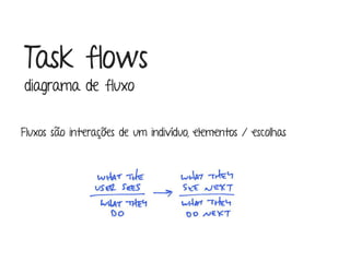 Marcello de Campos Cardoso - www.mcardoso.com.br | www.latitude14.com.br | 
Task flows 
diagrama de fluxo 
Fluxos são interações de um indivíduo, elementos / escolhas 
 