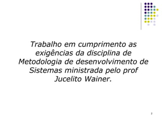 Trabalho em cumprimento as exigências da disciplina de Metodologia de desenvolvimento de Sistemas ministrada pelo prof Jucelito Wainer. 