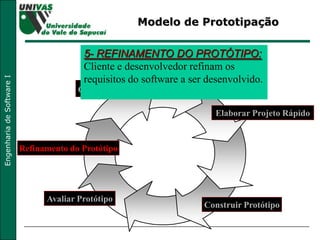 Modelo de Prototipação Elaborar Projeto Rápido Construir Protótipo Avaliar Protótipo Refinamento do Protótipo Obter Requisitos   5- REFINAMENTO DO PROTÓTIPO:   Cliente e desenvolvedor refinam os requisitos do software a ser desenvolvido. 
