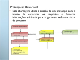 Prototipação Descartável
• Esta abordagem utiliza a criação de um protótipo com o
intuito de esclarecer os requisitos e fornecer
informações adicionais para os gerentes avaliarem riscos
de processo.
 