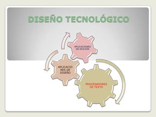 DISEÑO TECNOLÓGICO


                 APLICACIONES
                  DE EDICIÓN




     APLICACIO
      NES DE
      DISEÑO



                         PROCESADORES
                           DE TEXTO
 