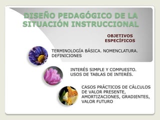 DISEÑO PEDAGÓGICO DE LA
SITUACIÓN INSTRUCCIONAL
                           OBJETIVOS
                          ESPECÍFICOS

     TERMINOLOGÍA BÁSICA. NOMENCLATURA.
     DEFINICIONES


            INTERÉS SIMPLE Y COMPUESTO.
            USOS DE TABLAS DE INTERÉS.


                CASOS PRÁCTICOS DE CÁLCULOS
                DE VALOR PRESENTE,
                AMORTIZACIONES, GRADIENTES,
                VALOR FUTURO
 