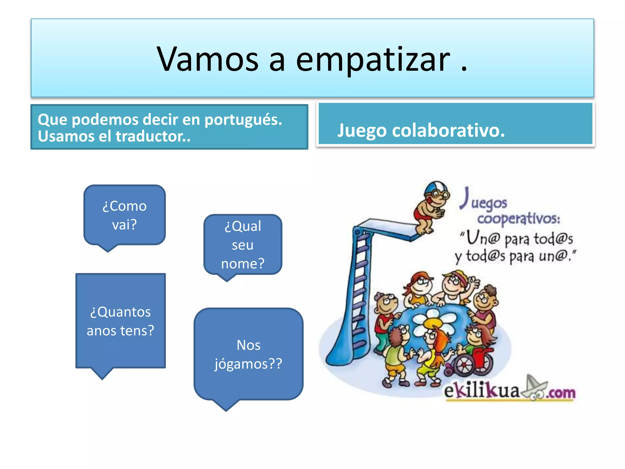 Vamos a empatizar .
Que podemos decir en portugués.
Usamos el traductor.. Juego colaborativo.
¿Como
vai? ¿Qual
seu
nome?
¿Quantos
anos tens?
Nos
jógamos??
 