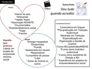 Versão free
                                                          Teresa Preta
      Paixões
                                                    Dou tudo
           *Interior do país                  quando acredito
             *Artesanato
            *Váatão Teatro
        *Associação ADIANTE                      Competências técnicas
           *CruzVermellha
      *Empreendedorismo social                        *Licenciatura em línguas
                *Viajar                           *Pós-graduação em Tradução
               * Família                                     Audiovisual
                                                      *Mestrado em Tradução
                    Atitude
                                                         *Especialização em
 Desafio                                             Organização e Gestão de
                       *Energia inesgotável
 que                                                           eventos
                          *Empenhada
 procura:                                        *Curso IES poweredbyINSEAD
                             *Frontal
 Liderar um                                            *5 anos como tradutora
                    *Apaixonada por causas
 projeto de                                                  audiovisual
                          *Responsável
 empreende                                          *3 anos como assistente de
                     *Cumpridora de prazos
 dorismo                                                    Direção e RH
                              *Líder
 social                                            * Experiência em projetos de
                      * Gosto de motivar os
                              outros                 empreendedorismo social
 