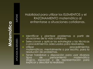 SUPONEAPLICADAALESTUDIO:
Habilidad para utilizar los ELEMENTOS y el
RAZONAMIENTO matemático al
enfrentarse a situaciones cotidianas.
 Identificar y plantear problemas a partir de
situaciones de la vida cotidiana.
 Seleccionar y aplicar las estrategias y las técnicas
o procedimientos adecuados para resolverlos.
 Utilizar procedimientos
matemáticos, mentalmente o por escrito, para la
resolución de problemas.
 Tener habilidad y disposición para usar diversos
tipos de pensamiento matemático
(lógico, espacial) y de representación para
explicar y describir la realidad.
 