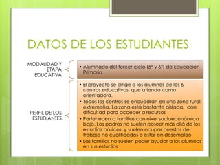 DATOS DE LOS ESTUDIANTES
MODALIDAD Y
ETAPA
EDUCATIVA
• Alumnado del tercer ciclo (5º y 6º) de Educación
Primaria
PERFIL DE LOS
ESTUDIANTES
• El proyecto se dirige a los alumnos de los 6
centros educativos que atiendo como
orientadora.
• Todos los centros se encuadran en una zona rural
extremeña. La zona está bastante aislada, con
dificultad para acceder a recursos
• Pertenecen a familias con nivel socioeconómico
bajo. Los padres no suelen poseer más allá de los
estudios básicos, y suelen ocupar puestos de
trabajo no cualificados o estar en desempleo
• Las familias no suelen poder ayudar a los alumnos
en sus estudios
 