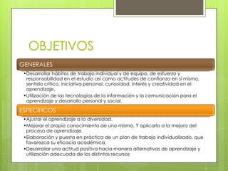 OBJETIVOS
GENERALES
•Desarrollar hábitos de trabajo individual y de equipo, de esfuerzo y
responsabilidad en el estudio así como actitudes de confianza en sí mismo,
sentido crítico, iniciativa personal, curiosidad, interés y creatividad en el
aprendizaje.
•Utilización de las tecnologías de la información y la comunicación para el
aprendizaje y desarrollo personal y social.
ESPECÍFICOS
•Ajustar el aprendizaje a la diversidad.
•Mejorar el propio conocimiento de uno mismo. Y aplicarlo a la mejora del
proceso de aprendizaje.
•Elaboración y puesta en práctica de un plan de trabajo individualizado, que
favorezca su eficacia académica.
•Desarrollar una actitud positiva hacia manera alternativas de aprendizaje y
utilización adecuada de los distintos recursos
 