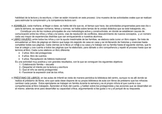 habilidad de la lectura y la escritura, o bien se están iniciando en este proceso. Una muestra de las actividades orales que se realizan
para estimular la comprensión y la competencia lectora son:
• ASAMBLEA: cada mañana, al llegar a clase, se habla del día que es, el tiempo que hace, las actividades programadas para ese día o
para la semana, se repasan números, letras y normas, se habla sobre temas de la unidad didáctica que se está trabajando, etc..
Constituye uno de los núcleos principales de una metodología activa y constructivista, en donde se establecen cauces de
comunicación entre los niños y niñas y la tutora, vías de resolución de conflictos, descubrimiento de nuevos conceptos, y un número
cada vez mayor de experiencias distintas que van enriqueciendo a nuestros alumnos.
• LIBRO VIAJERO: entre todos los niños y con la ayuda inestimable de las familias, se elabora cada curso un libro viajero. Se trata de
encuadernar un libro de páginas en blanco que luego irá viajando de casa en casa y se irá llenando de historias y vivencias hasta
completar todas sus páginas. Cada viernes se lo lleva un niñ@ a su casa y lo trabaja con su familia hasta el siguiente viernes, que lo
trae al colegio y nos cuenta a todos las páginas que ha elaborado, para dárselo a otro compañero/a y repetir el proceso hasta que se
termine el libro. Cada curso elabora un libro diferente:
• 3 años: libro del protagonista
• 4 años: libro de cuentos
• 5 años: Recopilación de folklore tradicional
Es una actividad muy positiva y con grandes resultados, con la que se consiguen los siguientes objetivos:
1.- Colaboración familia – escuela
2.- Despertar el interés por la lectura y escritura
3.- Que el niño se sienta protagonista
4.- Favorecer la expresión oral de los niños.
• PRÉSTAMO DE LIBROS: en las aulas de Infantil se visita de manera periódica la biblioteca del centro, aunque no es allí donde se
realiza el préstamo de libros, sino que cada clase dispone de su propia biblioteca de aula con libros de préstamo que los niños/as
cambian cada jueves. Estos ejemplares se trabajan en familia durante la semana y es el propio niño/a el que cuenta a sus
compañeros/as el libro trabajado. Aprenden el título del cuento, y hablan sobre los protagonistas y las acciones que se desarrollan en
el mismo; además sirve para desarrollar su capacidad crítica, argumentando si les gusta o no y el porqué de su respuesta.
 