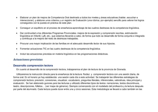 • Elaborar un plan de mejora de Competencia Oral destinado a todos los niveles y áreas educativas (hablar, escuchar e
interaccionar), y elaborar unos criterios y un registro de Evaluación (una rúbrica, por ejemplo) sencillo para valorar los logros
conseguidos con la puesta en práctica de este plan.
• Conseguir un equilibrio en el proceso de enseñanza-aprendizaje de las cuatros destrezas de la competencia lingüística.
• Dar continuidad a los diferentes Programas Provinciales: mejora de la expresión y comprensión escritas, estimulación
lingüística en Infantil, LyB, etc.; que estamos llevando a cabo, de forma que todo se desarrolle de forma conjunta e integrada
y contribuya a la mejora del resto de destrezas trabajadas.
• Procurar una mayor implicación de las familias en el adecuado desarrollo lector de sus hijos/as.
• Fomentar actuaciones TIC en las cuatro destrezas de la competencia lingüística.
• Incluir las actuaciones previstas en materia lingüística en las programaciones didácticas.
Actuaciones previstas
Desarrollo comprensión lectora
En cuanto al desarrollo de la comprensión lectora, trabajaremos el plan de lectura de la provincia de Granada.
Utilizaremos la instrucción directa para la enseñanza de la lectura: fluidez y comprensión lectora con una sesión diaria, de
forma oral. En el horario ya hay establecida una sesión cada día a esta actividad. Se trabajarán las diferentes estrategias de
comprensión lectora: previsión, conexiones, visualizar, vocabulario, preguntas literales, inferenciales, valorativas, idea principal y
evaluación. Se han elaborado guiones para las lecturas y utilizado diferentes tipos de textos: narraciones, textos discontinuos,
teatro, descripciones, folletos… (ver mapa de géneros). Siempre comenzando con el modelado del profesor/a y la lectura después
por parte del alumnado. Cada lectura puede durar entre una y cinco sesiones. Esta metodología se llevará a cabo también en las
 