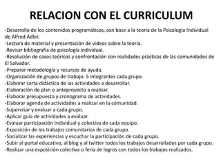 RELACION CON EL CURRICULUM
-Desarrollo de los contenidos programáticos, con base a la teoría de la Psicología Individual
de Alfred Adler.
-Lectura de material y presentación de videos sobre la teoría.
-Revisar bibliografía de psicología individual.
-Resolución de casos teóricos y confrontación con realidades prácticas de las comunidades de
El Salvador.
-Preparar metodología y recursos de ayuda.
-Organización de grupos de trabajo. 5 integrantes cada grupo.
-Elaborar carta didáctica de las actividades a desarrollar.
-Elaboración de plan o anteproyecto a realizar.
-Elaborar presupuesto y cronograma de actividades.
-Elaborar agenda de actividades a realizar en la comunidad.
-Supervisar y evaluar a cada grupo.
-Aplicar guía de actividades a evaluar.
-Evaluar participación individual y colectiva de cada equipo.
-Exposición de los trabajos comunitarios de cada grupo.
-Socializar las experiencias y escuchar la participación de cada grupo.
-Subir al portal educativo, al blog y al twitter todos los trabajos desarrollados por cada grupo.
-Realizar una exposición colectiva o feria de logros con todos los trabajos realizados.
 