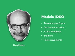Modelo IDEO
• Desenhe protótipos
• Teste com usuários
• Colha Feedback
• Melhore
• Teste novamente
David Kelley
 