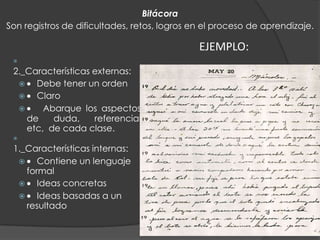 Bitácora
Son registros de dificultades, retos, logros en el proceso de aprendizaje.

EJEMPLO:


2._Características externas:

Debe tener un orden

Claro

Abarque los aspectos
de
duda,
referencial
etc, de cada clase.


1._Características internas:

Contiene un lenguaje
formal

Ideas concretas

Ideas basadas a un
resultado

 
