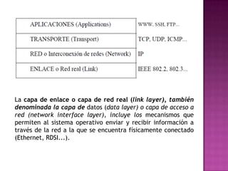 La capa de enlace o capa de red real (link layer), también denominada la capa de datos (data layer) o capa de acceso a red (network interface layer), incluye los mecanismos que permiten al sistema operativo enviar y recibir información a través de la red a la que se encuentra físicamente conectado (Ethernet, RDSI...).